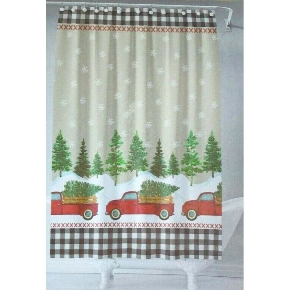 Avanti Christmas Red Farm Truck Fabric Shower Curtain Holiday Buffalo Check